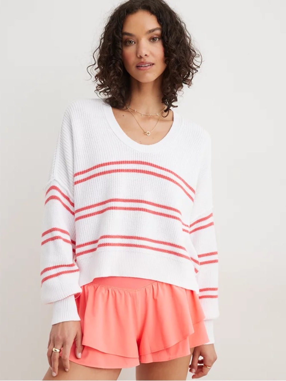 Aerie Beyond Cropped Cotton Sweater Coral Stripe Oversized M